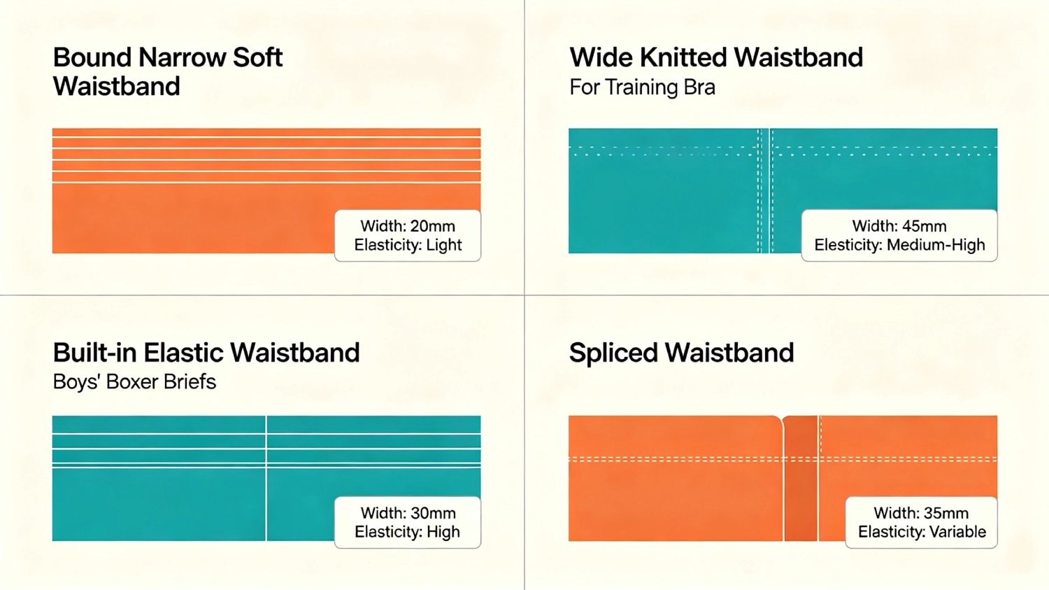 Comparison of four kids' underwear waistband constructions