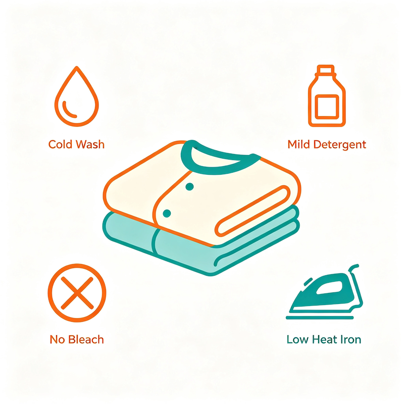 Kids pajama care symbols: cold wash, mild detergent, no bleach, low heat iron