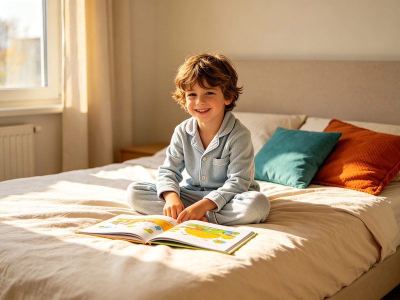 Child in cozy pajamas reading on a sunlit bed — Nuohua kids sleepwear