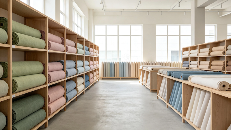 Fabric rolls stored by colour zone in a tidy warehouse