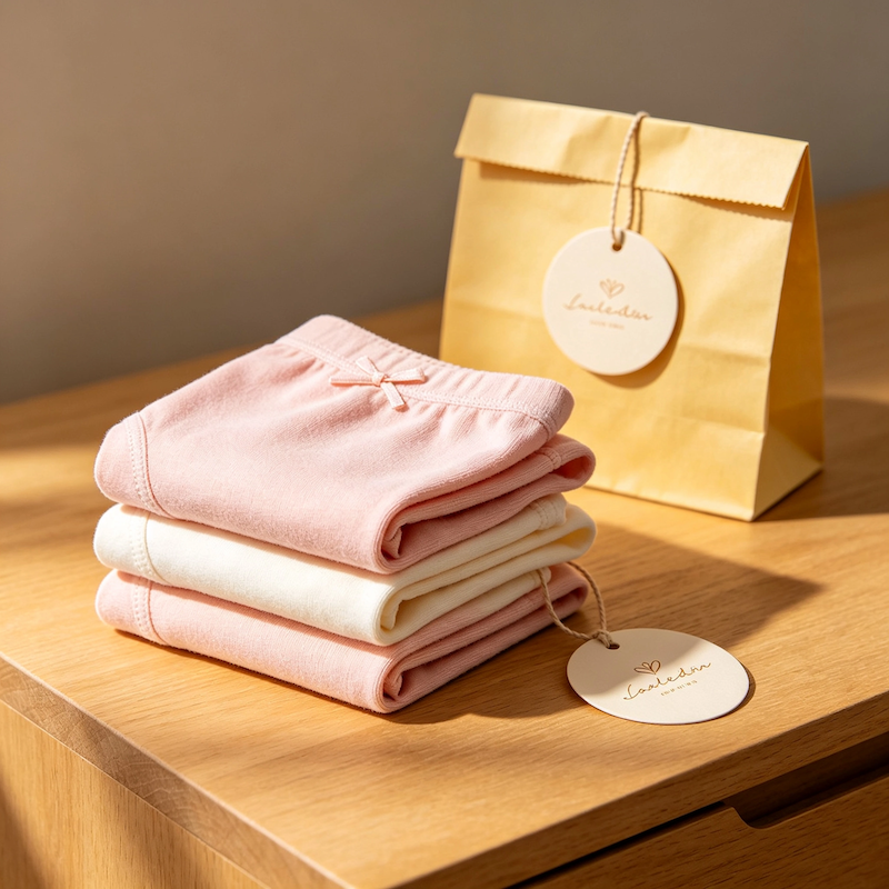 Folded kids seamless underwear with custom hangtag and compostable bag