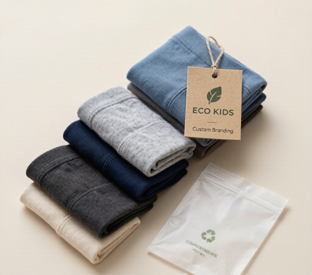 Private-label kids underwear folded with custom care label and hangtag