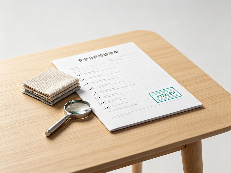 Compliance checklist on a desk with fabric swatch and certification stamp