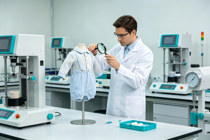 Lab technician inspecting a children's garment for compliance testing