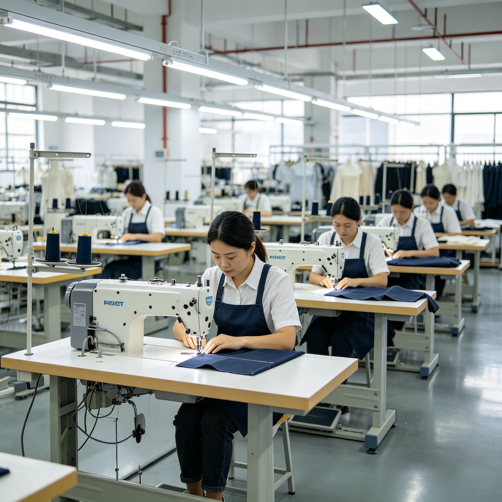 Overlock machines sewing elastic and binding on kids underwear in the Nuohua workshop