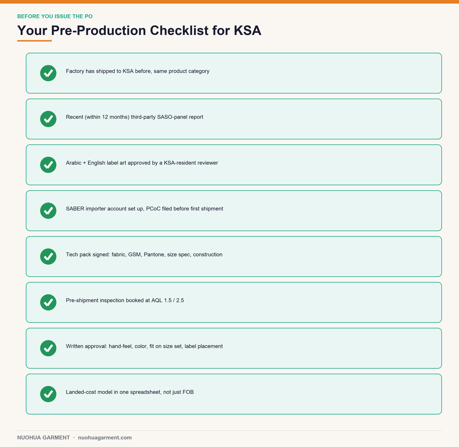 Eight-point pre-production checklist to complete before issuing a purchase order for Saudi-market kids' clothing
