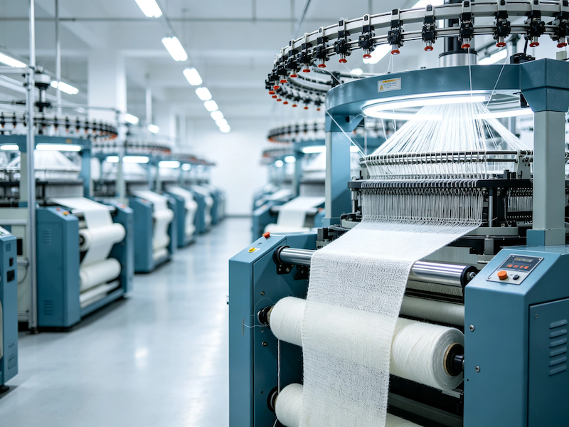Circular knitting area where seamless garment bodies are produced