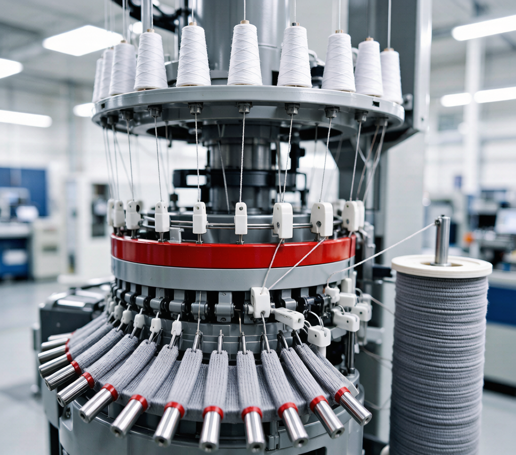 Industrial circular knitting machine forming a tube of knit fabric