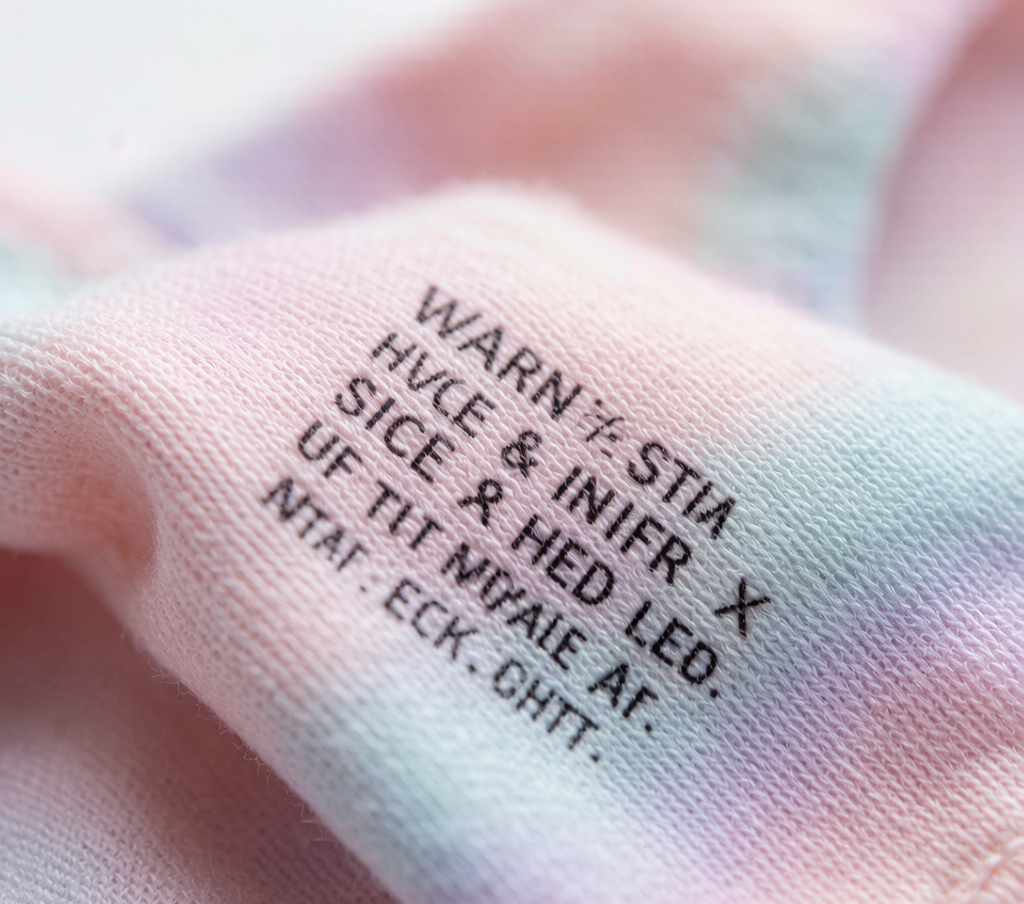 Close-up of a printed care label on a training bra