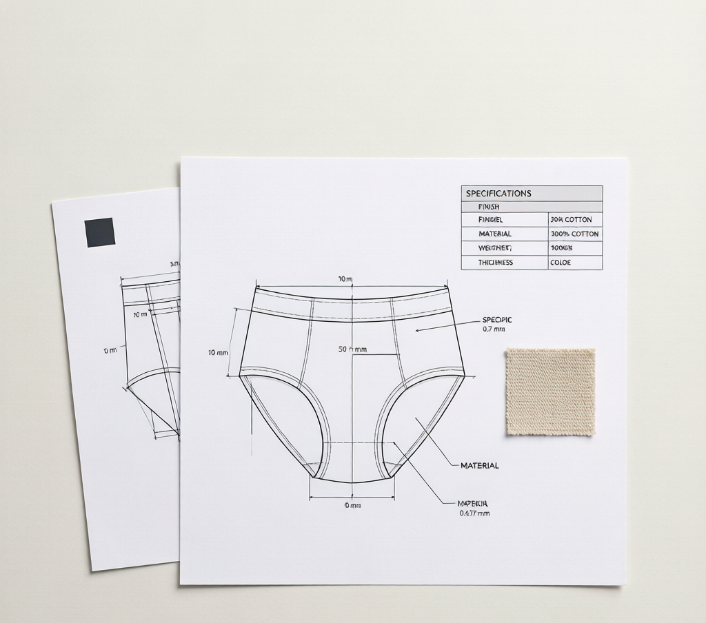 Technical package document with flat sketch and specifications