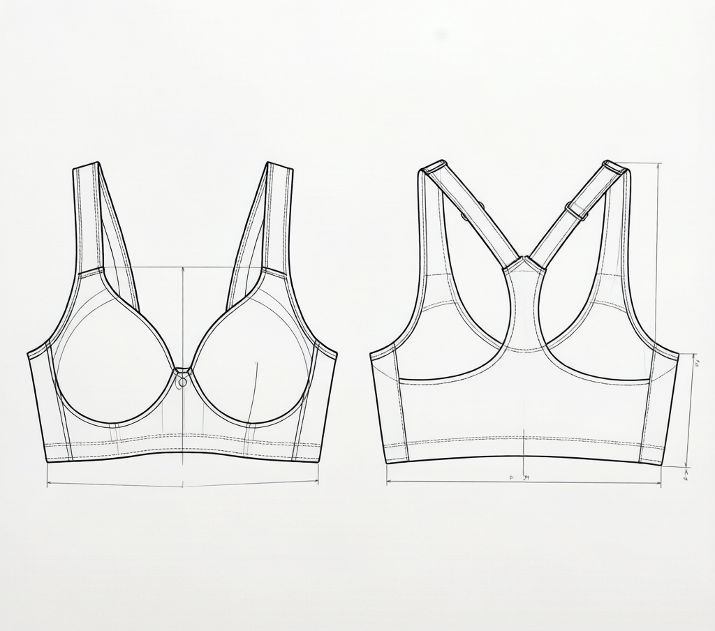Front and back technical flat sketch of a training bra