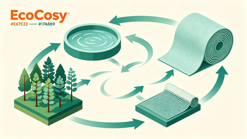 EcoCosy modal lifecycle: certified wood source to pulp to fiber to fabric