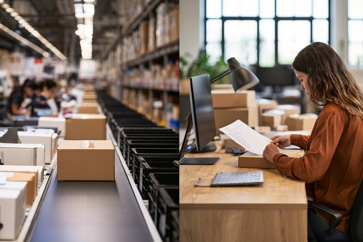 Illustration of an Amazon warehouse pick and pack line beside a small brand owner packing orders at a home desk, showing the two fulfillment paths side by side