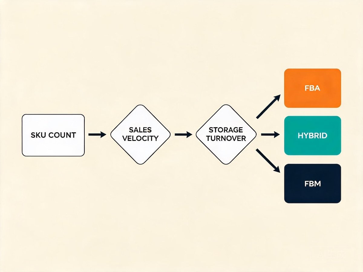 Decision flowchart showing when a small apparel brand should use FBA, FBM or a hybrid model, based on SKU count, sales velocity and storage turnover