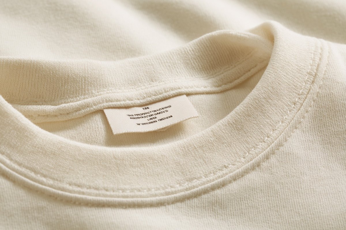 Close-up of a children's product tracking label sewn into the neck seam of a kids garment, showing manufacturer name, production location, manufacture date and batch code