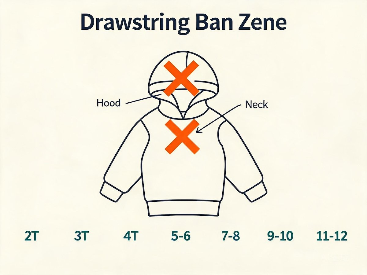 Diagram of a kids hooded sweatshirt showing the no-drawstring zone around the hood and neck area for sizes 2T to 12, with a red crossed-out cord