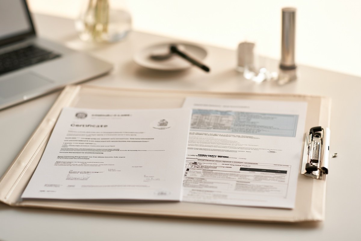 A folder of compliance documents on a desk: a Children's Product Certificate, a third-party test report, and a tracking label reference sheet laid out together