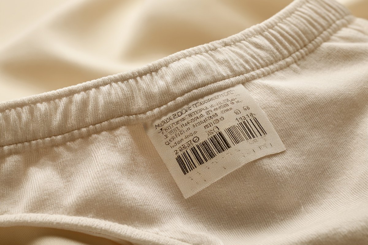 Close-up of a children's product tracking label and care label sewn inside the waistband of kids underwear, showing size, fabric composition and compliance text