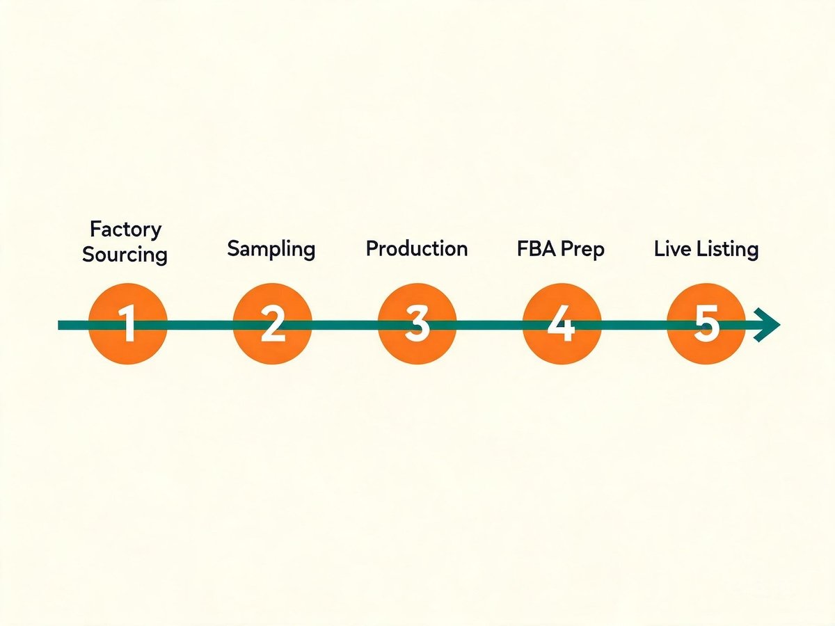 Step-by-step launch roadmap timeline from factory sourcing to live Amazon listing, shown as five milestone markers on a horizontal line