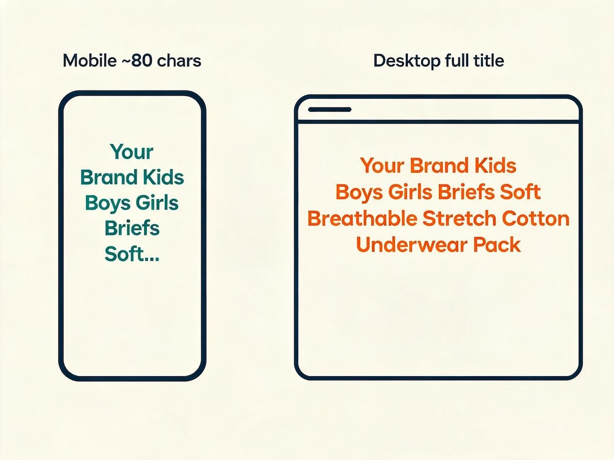 Split-screen comparison of an Amazon kidswear product title shown on a mobile phone and on a desktop browser, highlighting where the mobile title is truncated after 80 characters