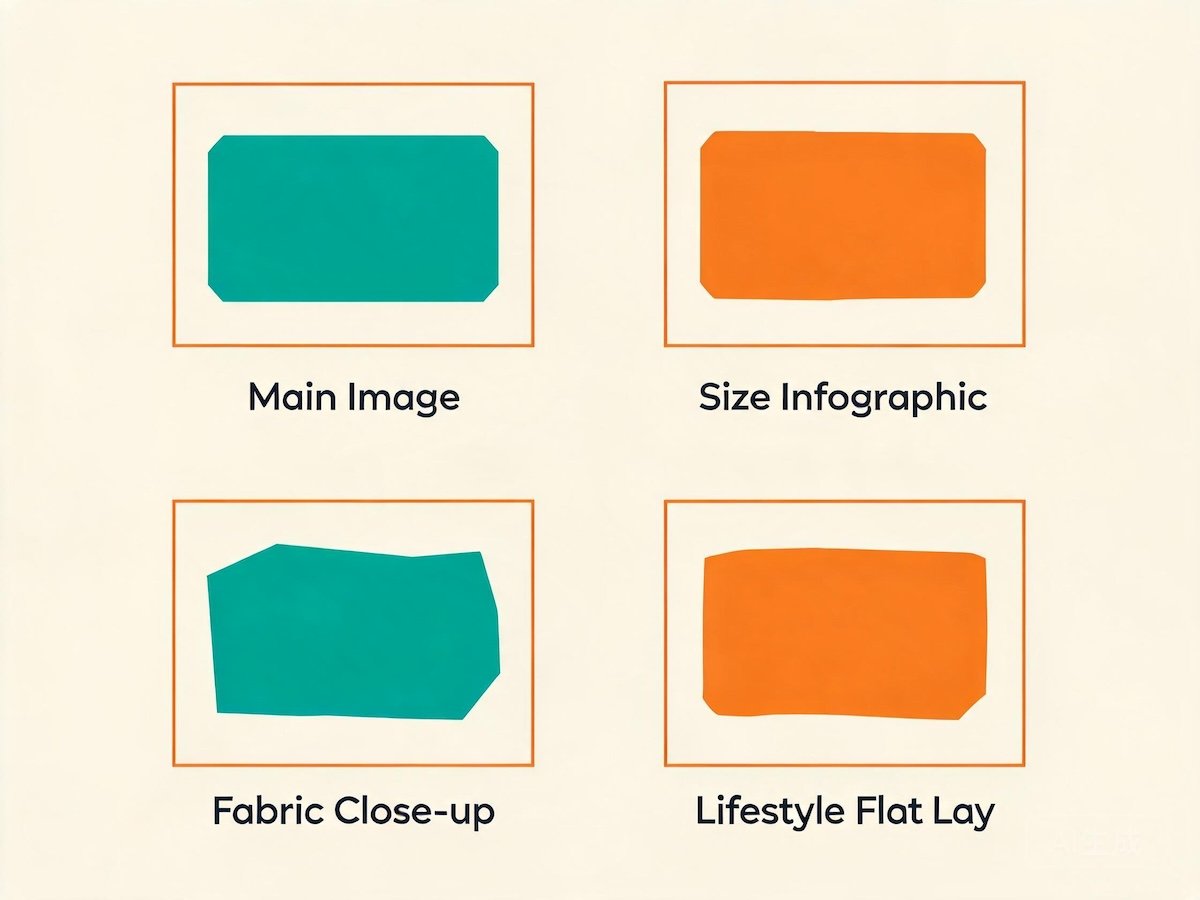 Amazon listing image stack for kids underwear showing four panels: main white-background product shot, size chart infographic, fabric close-up, and a lifestyle flat lay of the underwear in a child's room