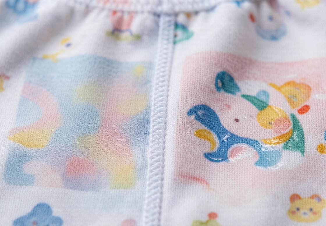 Close-up comparing a soft water-based print and a thick plastisol print on kids underwear fabric