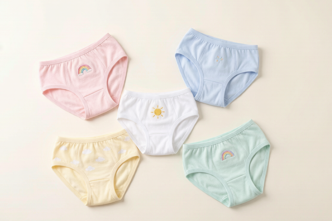Kids underwear finished garment samples laid out for chemical compliance review