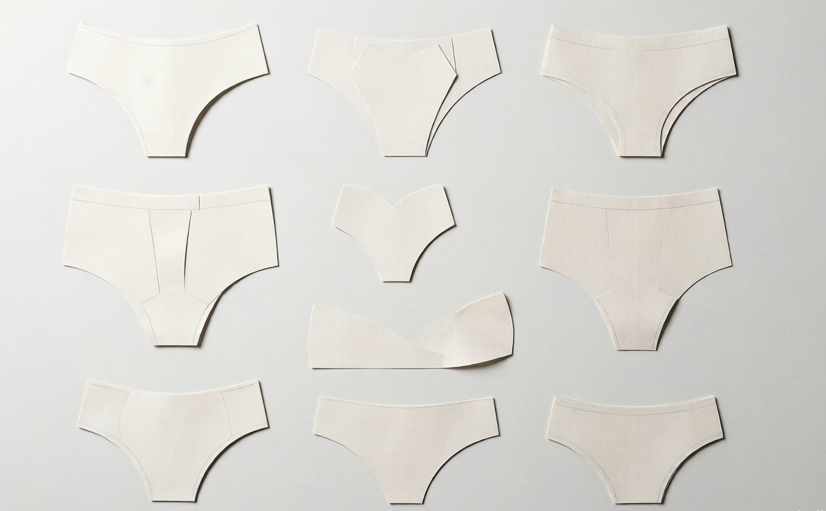 Boys girls and teen underwear patterns laid flat showing the different front panels and gusset shapes