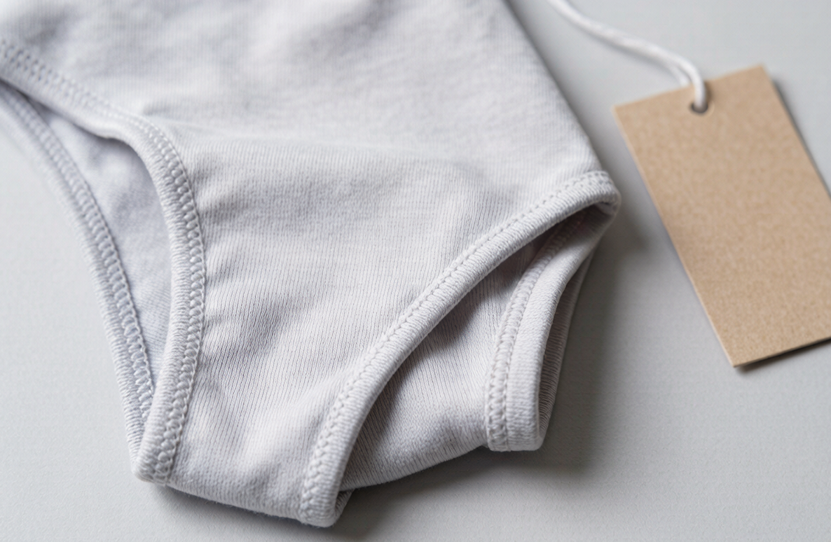 Close-up of flatlock and bound seam finishes on children's underwear side panels