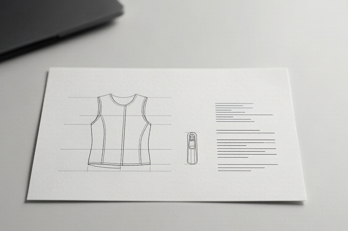 Tech pack spec sheet for children's underwear showing pouch gusset seam and elastic requirements