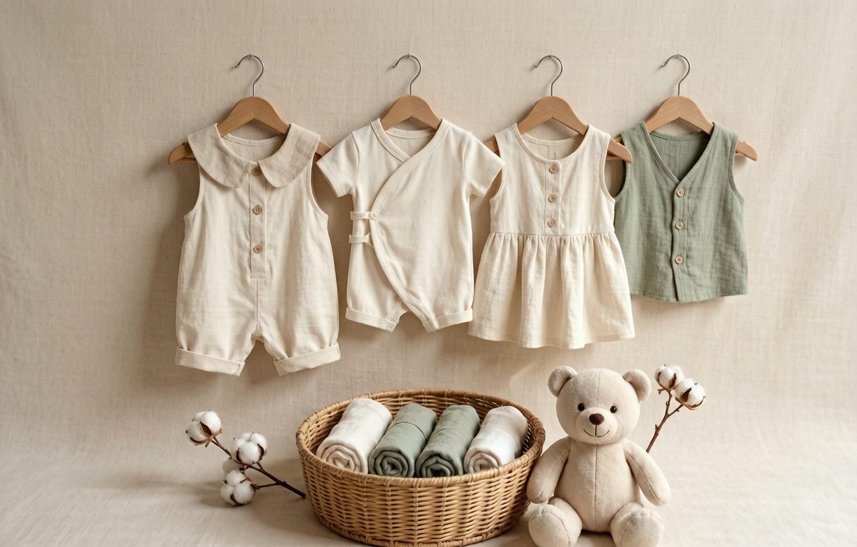 Baby bodysuits flat lay with rolled clothes in a wicker basket — cost factors in children's underwear manufacturing