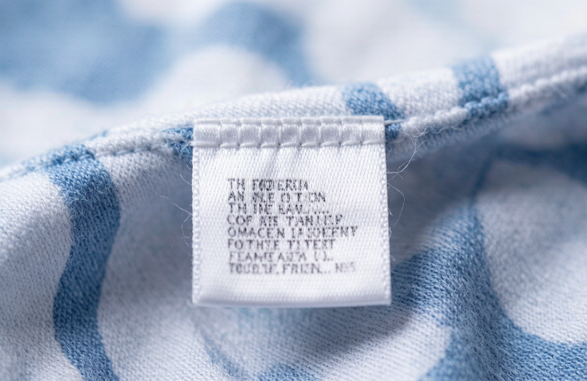 Close-up of a sewn-in care label showing fibre composition on a children's underwear garment
