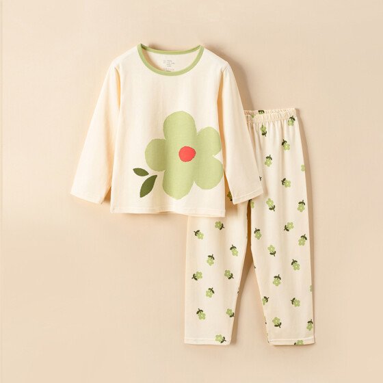Wholesale kids cotton pajama set cream with floral print