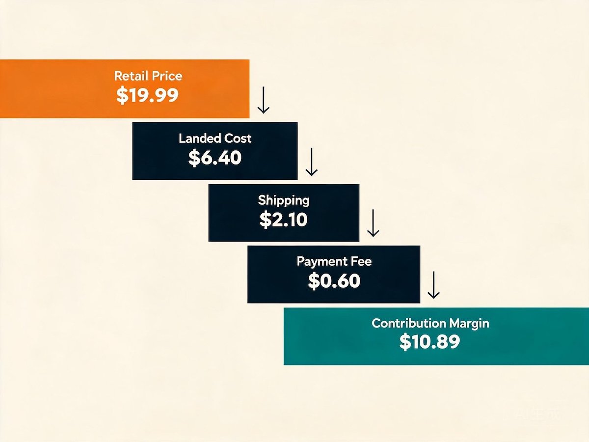 Unit economics worksheet showing a margin build with landed cost, shipping and payment fees subtracted from retail price to arrive at contribution margin