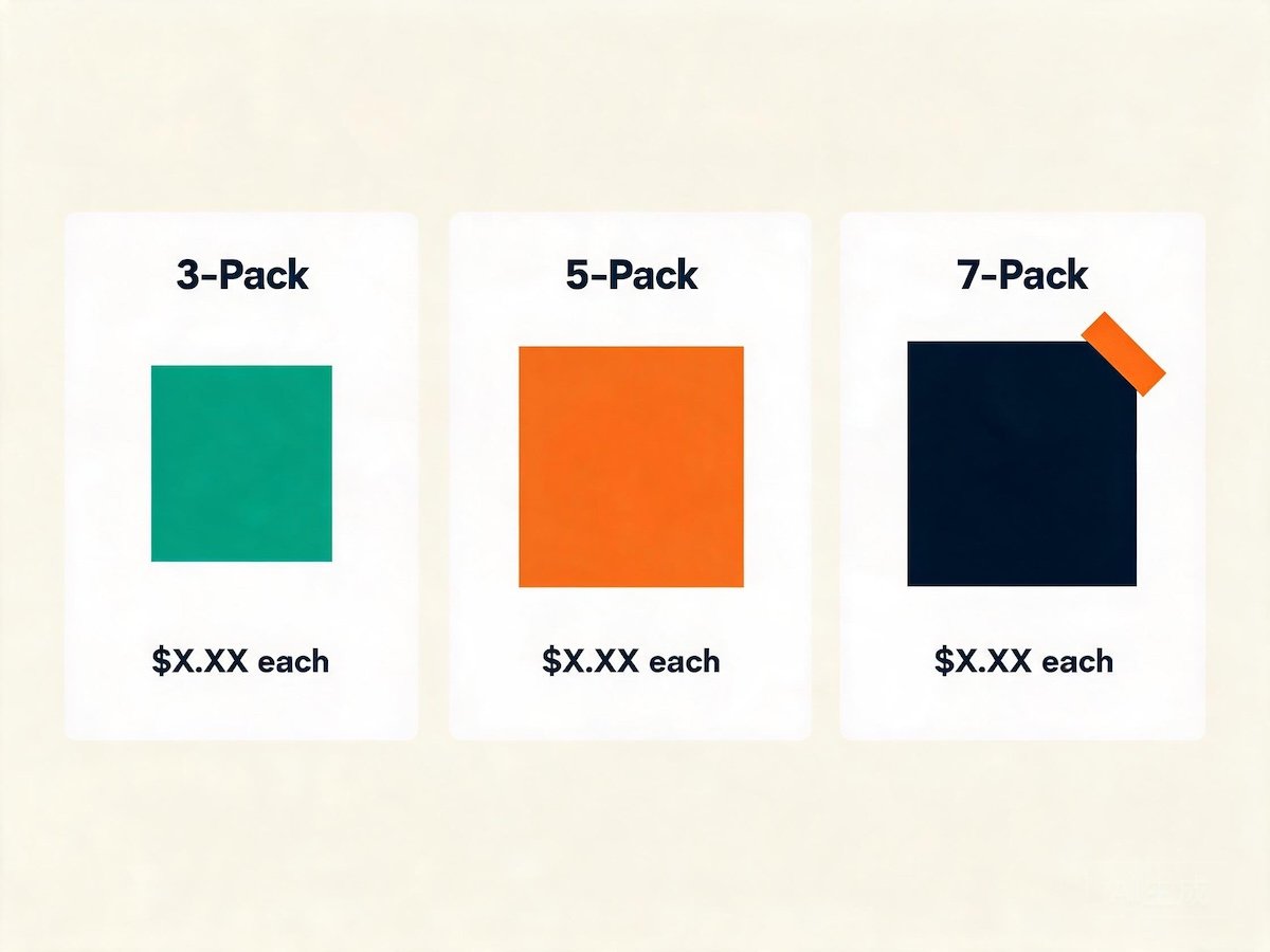 Ecommerce product grid showing three kids underwear multi-pack options of 3, 5 and 7 pairs with per-unit prices displayed on each pack