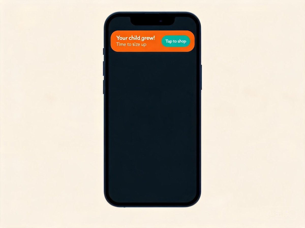 A smartphone showing a push notification that reads a short size-up reminder for a kids underwear brand