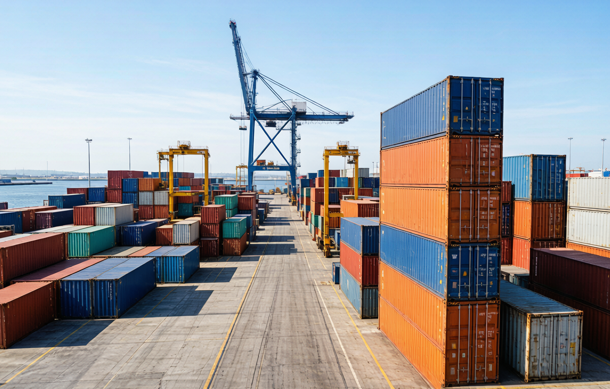 A port terminal with stacked containers illustrating destination handling and storage charges