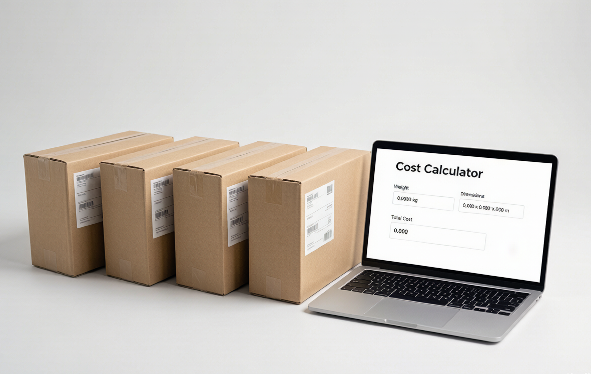 Amazon FBA delivery boxes and a laptop showing a shipping cost calculator