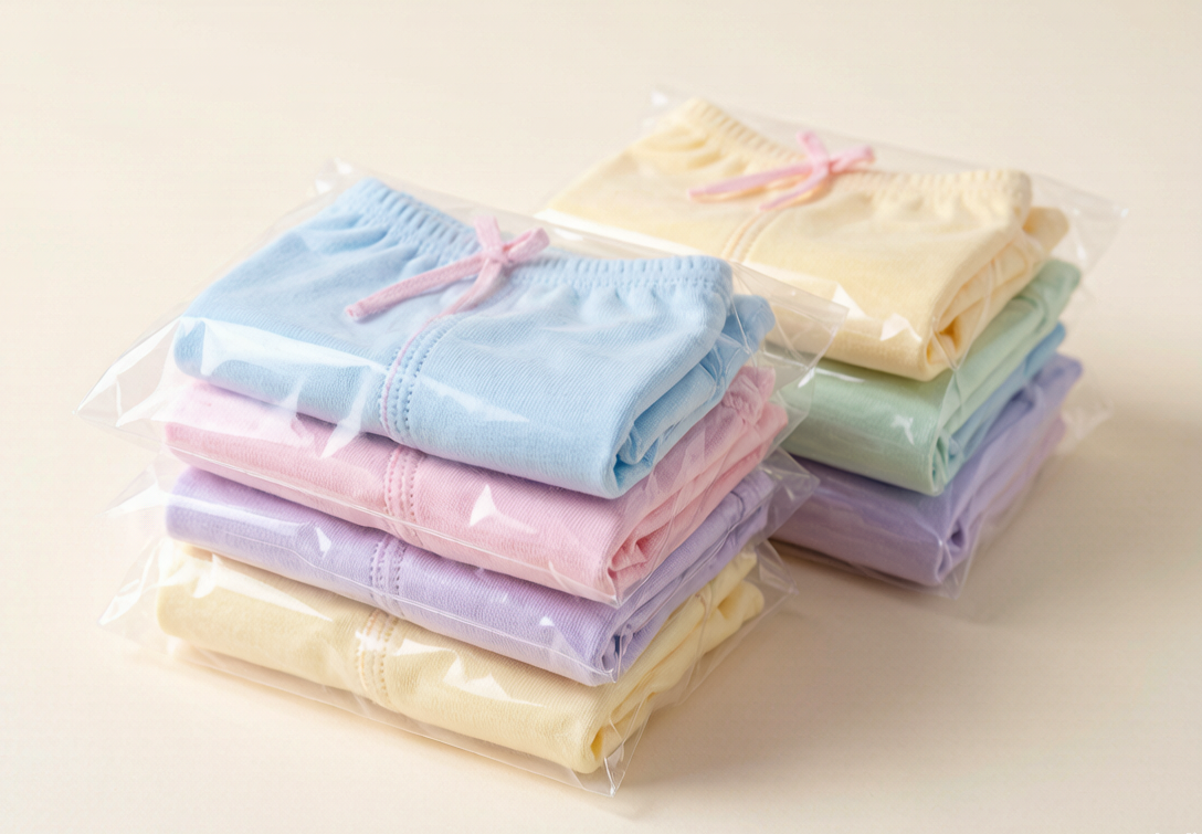 Finished kids underwear folded and packed into polybags before carton sealing