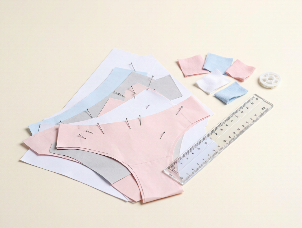 Sample room pattern and cut pieces for a kids underwear pre-production sample