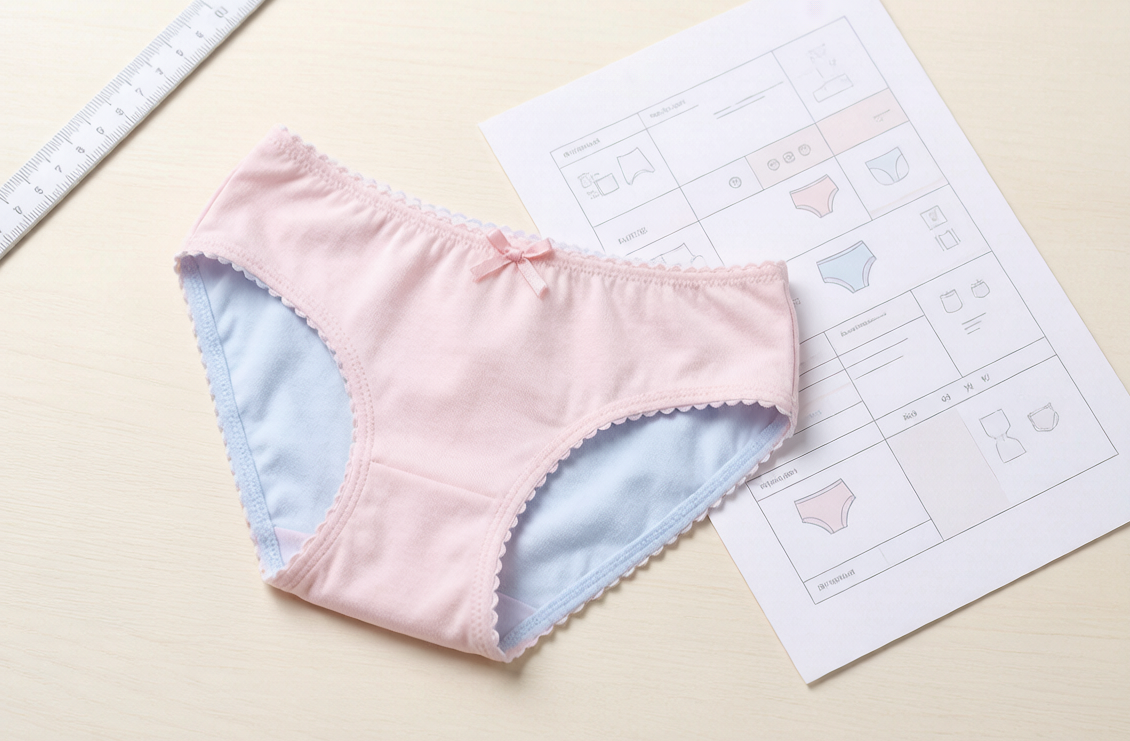 Flat lay of a kids underwear pre-production sample with measurement ruler and tech pack