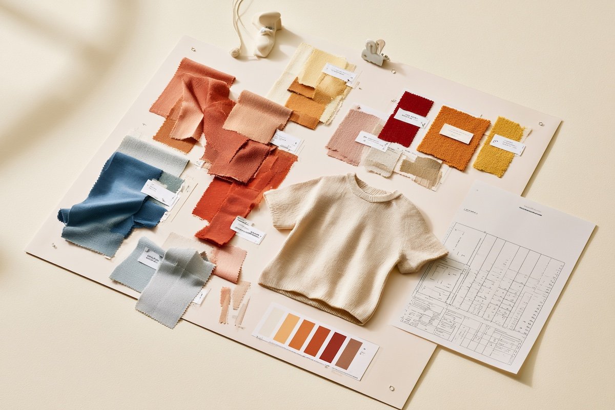 Brand mood board for a kidswear label showing fabric swatches, a colour palette, a kids size chart and customer profile notes pinned together