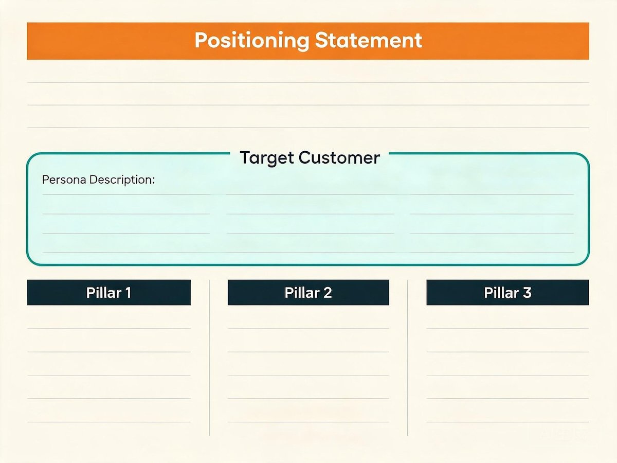 Founder's positioning worksheet showing a written positioning statement, a sketched target customer profile and three brand pillars, on a desk beside fabric swatches