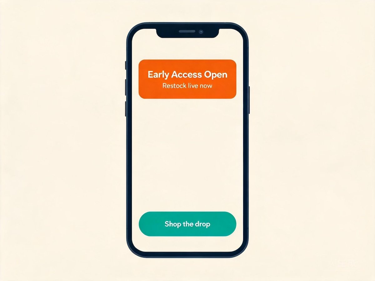 A smartphone screen showing a limited-drop restock notification and a short early-access message for waitlist members