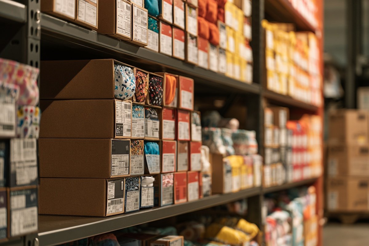A warehouse shelf with boxes of limited-drop kids underwear arranged by size and print, each box labelled with its size band