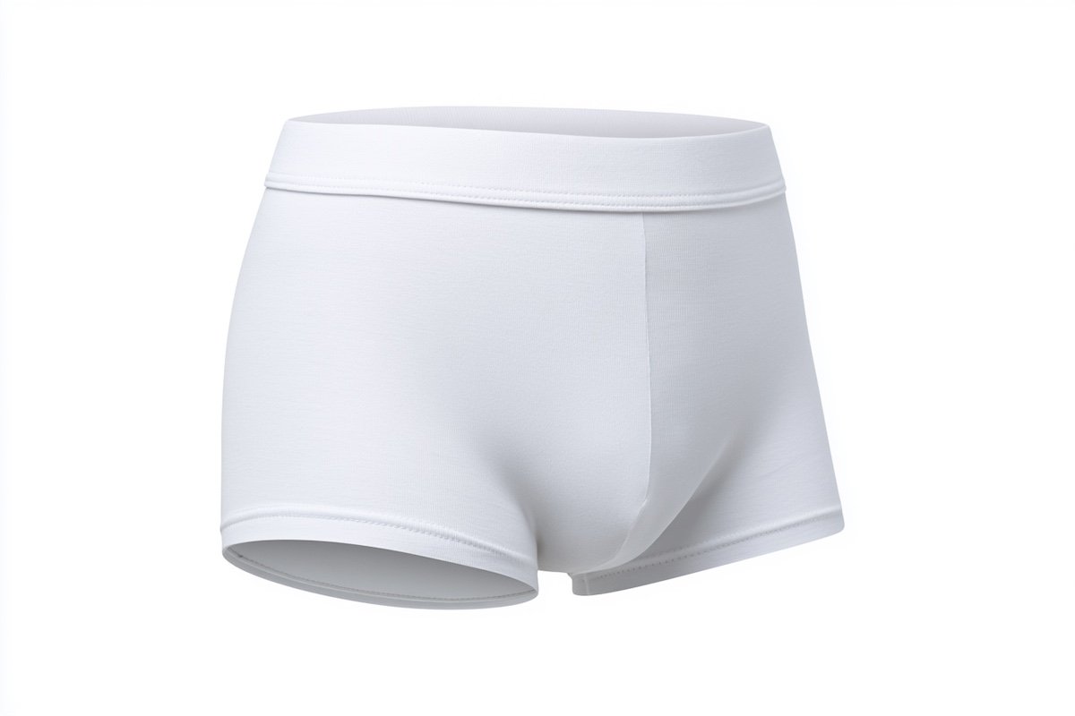 Ghost mannequin product photograph of a pair of kids underwear showing the three-dimensional shape with the waistband and leg openings clearly visible