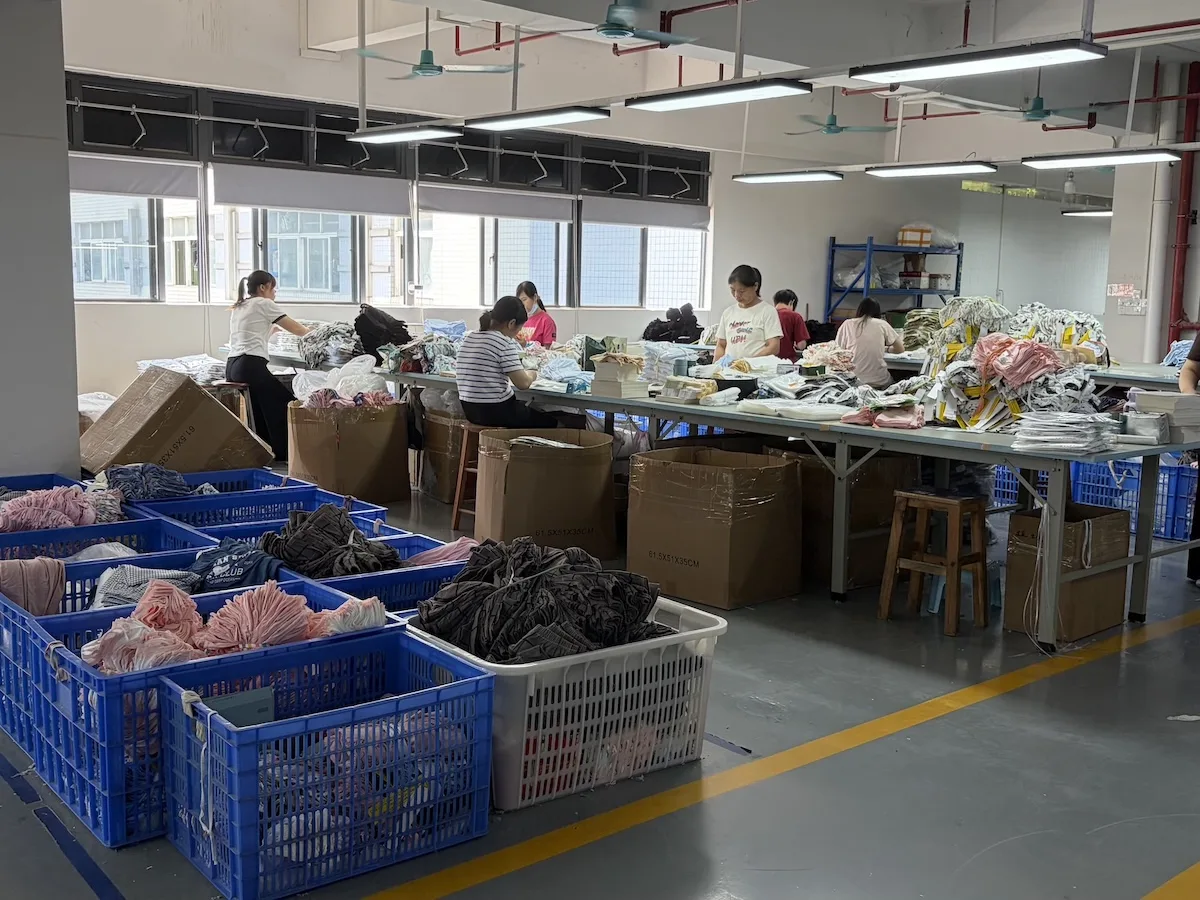 Sewing station overview producing kids sleepwear on the line