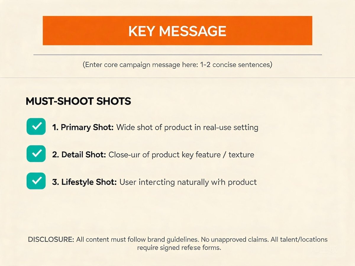 A one-page campaign brief sheet with a single key message, three required shot boxes, a disclosure note and open whitespace
