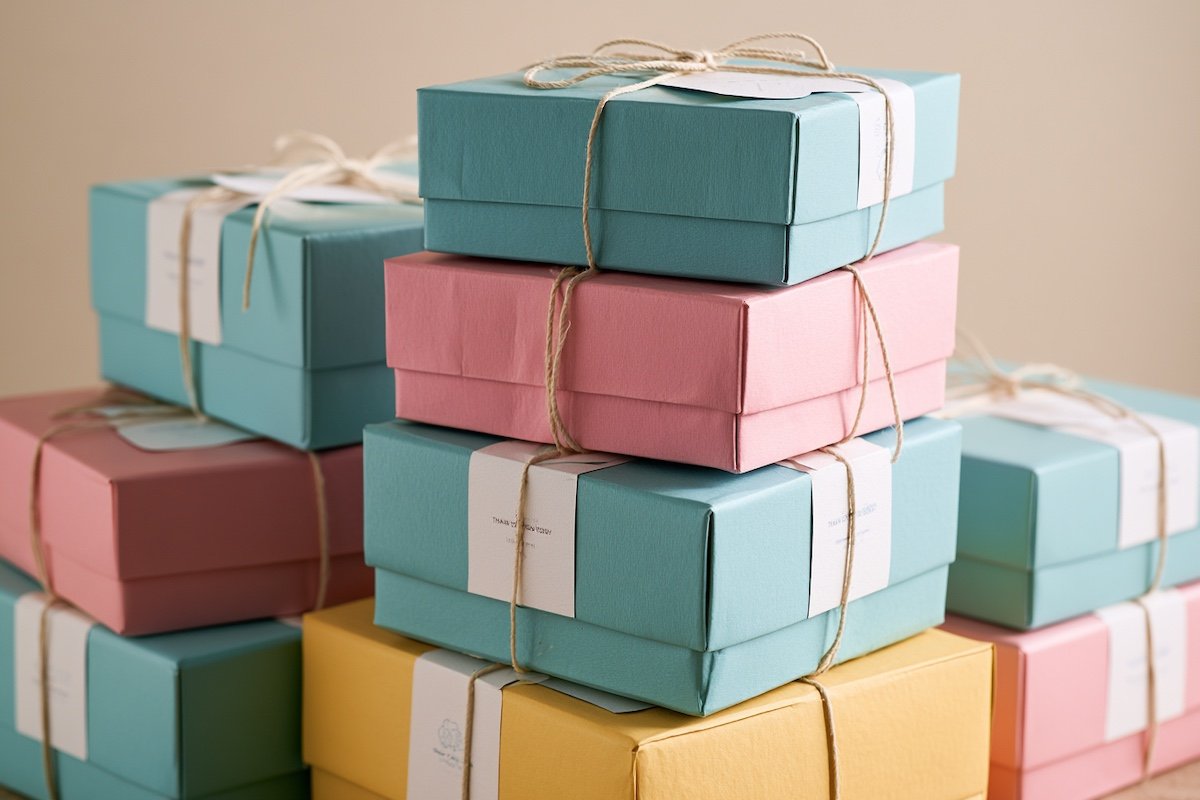 A stack of branded kids underwear gifting boxes ready to ship, each with a printed care card and a thank-you note on top