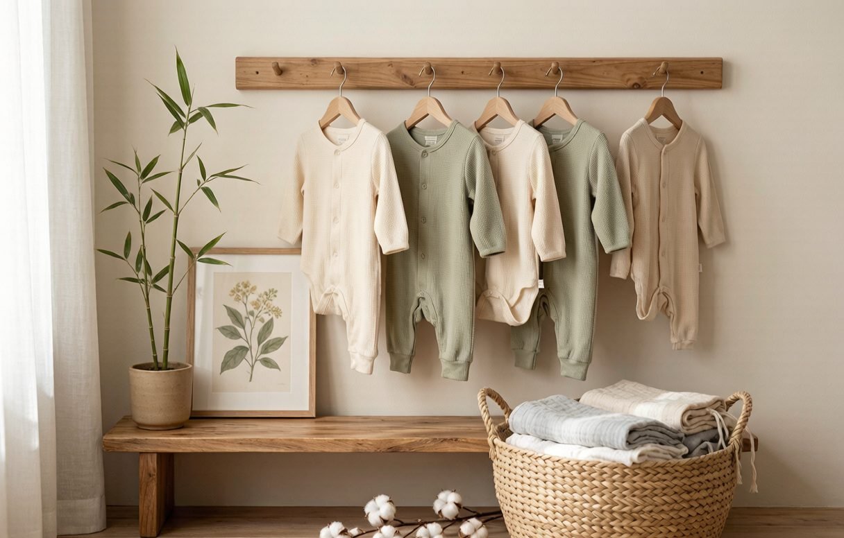 Baby sleepwear in sage and cream hanging on a wooden rack — fabric selection for private label kids underwear